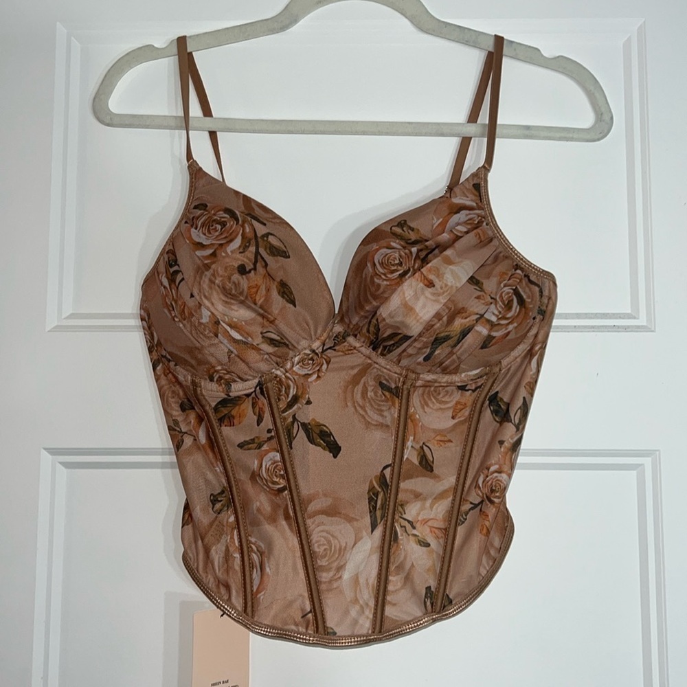 Floral Print Ruched Bustier Mesh Beige/Brown Corset Top size Medium US 6 - Picture 3 of 12